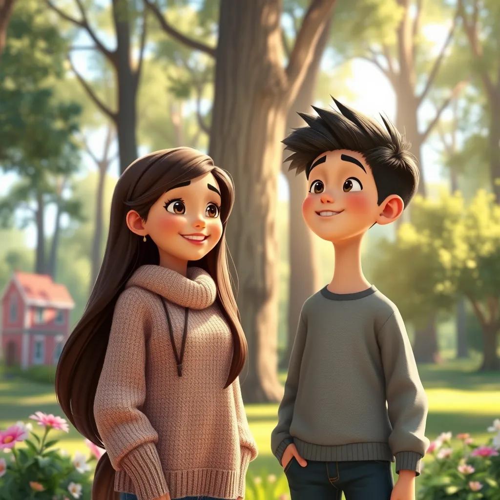 Image of Sofía, a young girl with long brown hair in a cozy sweater, talking happily to Lucas, a boy with short black hair and a friendly smile, both dressed in casual clothes, in a sunlit park, surrounded by tall trees and flowers, cheerful mood, detailed digital art, high quality