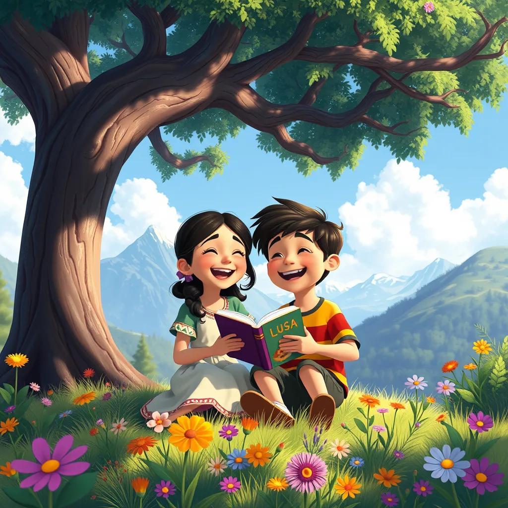 Image of Sofía and Lucas, both laughing and sitting under a giant tree in the mountains, reading a book together, surrounded by colorful flowers and blue skies, joy and innocence, beautiful scenery, vibrant colors, detailed illustration, high quality