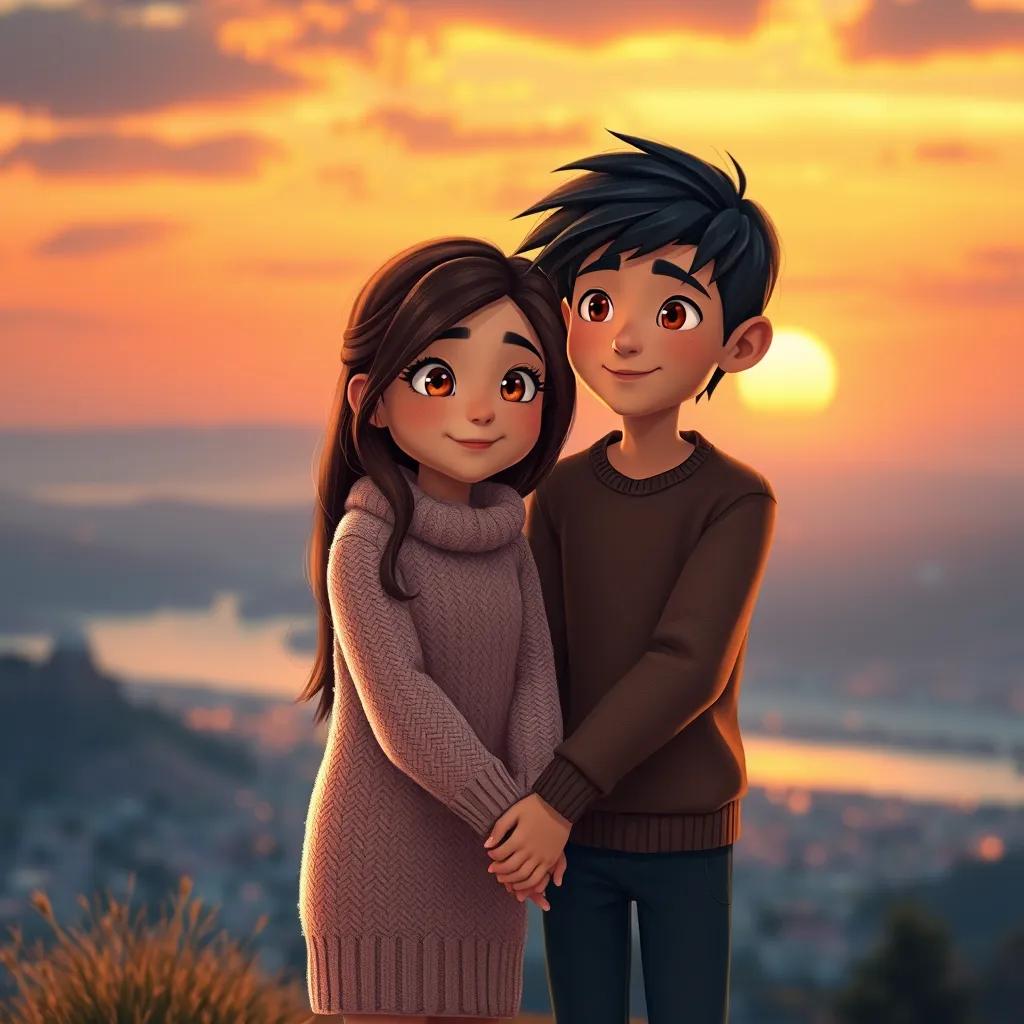 Image of Sofía, a young girl with long brown hair in a cozy sweater, holding hands with Lucas, a boy with short black hair, against a backdrop of a breathtaking sunset, showcasing the warmth of friendship, romantic atmosphere, warm colors, detailed digital art, high quality