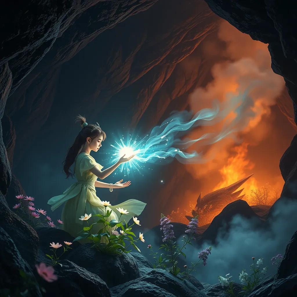 Image of Fauna using her powers to make bright flowers grow inside the dark cave, illuminating the space as Jin controls the gentle wind, pushing away smoke from the sleeping dragon's lair, action-packed moment, glowing colors, detailing the magic, high quality