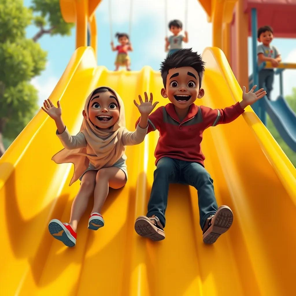 Image of Zainab and Ishmael climbing a big yellow slide, full of excitement on their faces. The slide is bright, and children can be seen playing in the background with swings and other slides.