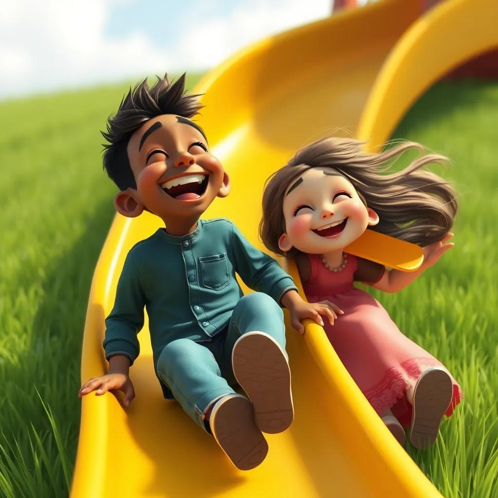 Image of Ishmael laughing as he slides down the yellow slide, a look of pure joy on his face. Zainab is just about to go down, her hair flowing in the wind, with a green grass field around them.