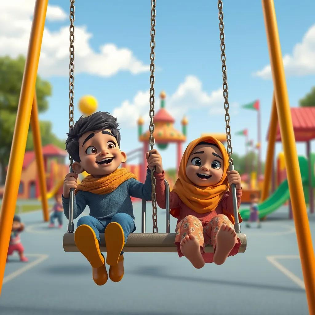 Image of Ishmael and Zainab on swings, swinging high into the sky, looking thrilled. The playground in the background with colorful equipment and children playing around them.