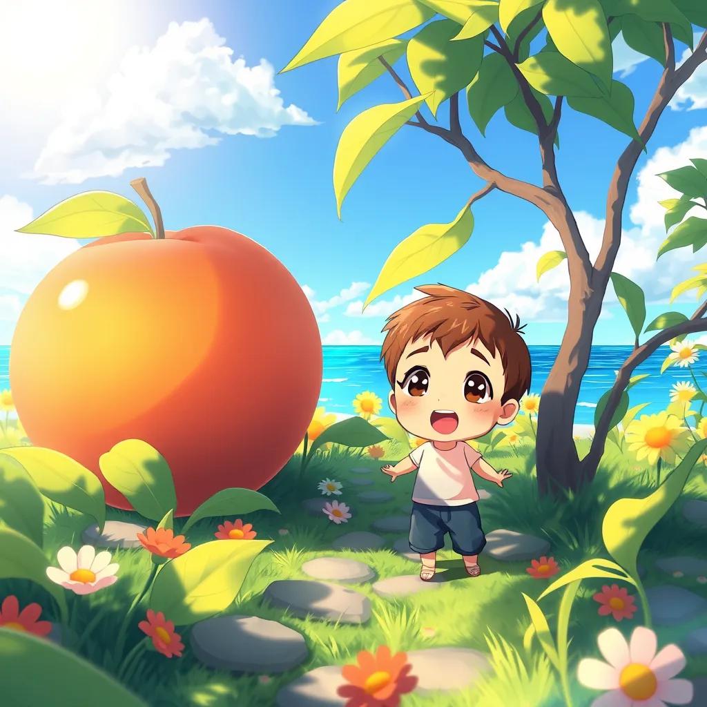 Image of A small boy with bright eyes, standing excitedly next to a giant peach in a sunny garden by the sea, digital art, colorful and vibrant, child-friendly style.