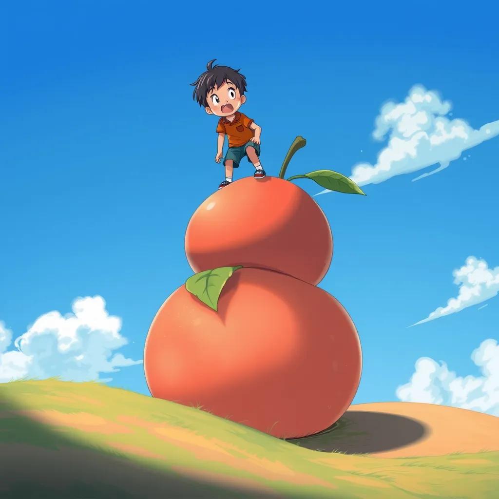 Image of A boy climbing to the top of a giant peach that is rolling down a hill, looking surprised and excited, surrounded by a blue sky, digital art, whimsical feel.