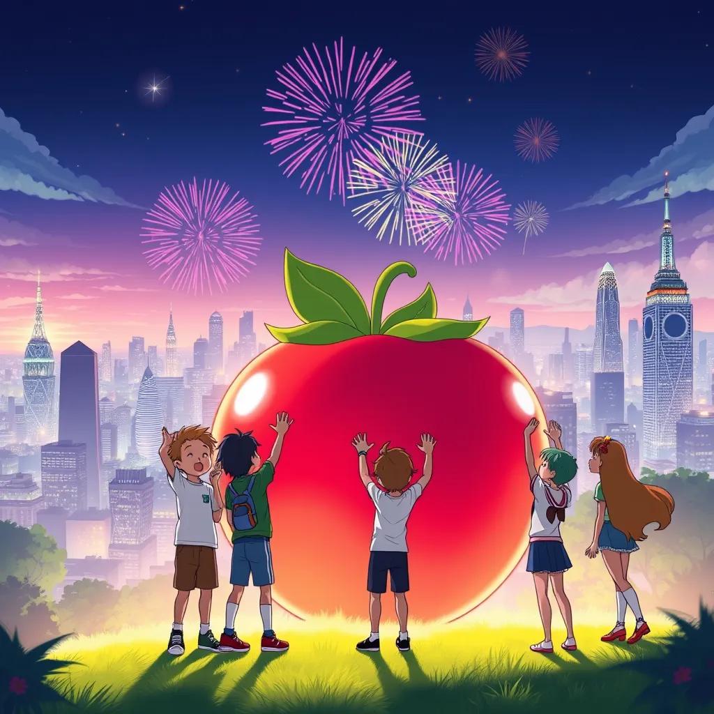 Image of A big city skyline in the background with a giant peach in the foreground, James and his friends cheering together, fireworks in the sky, digital art, celebratory scene.