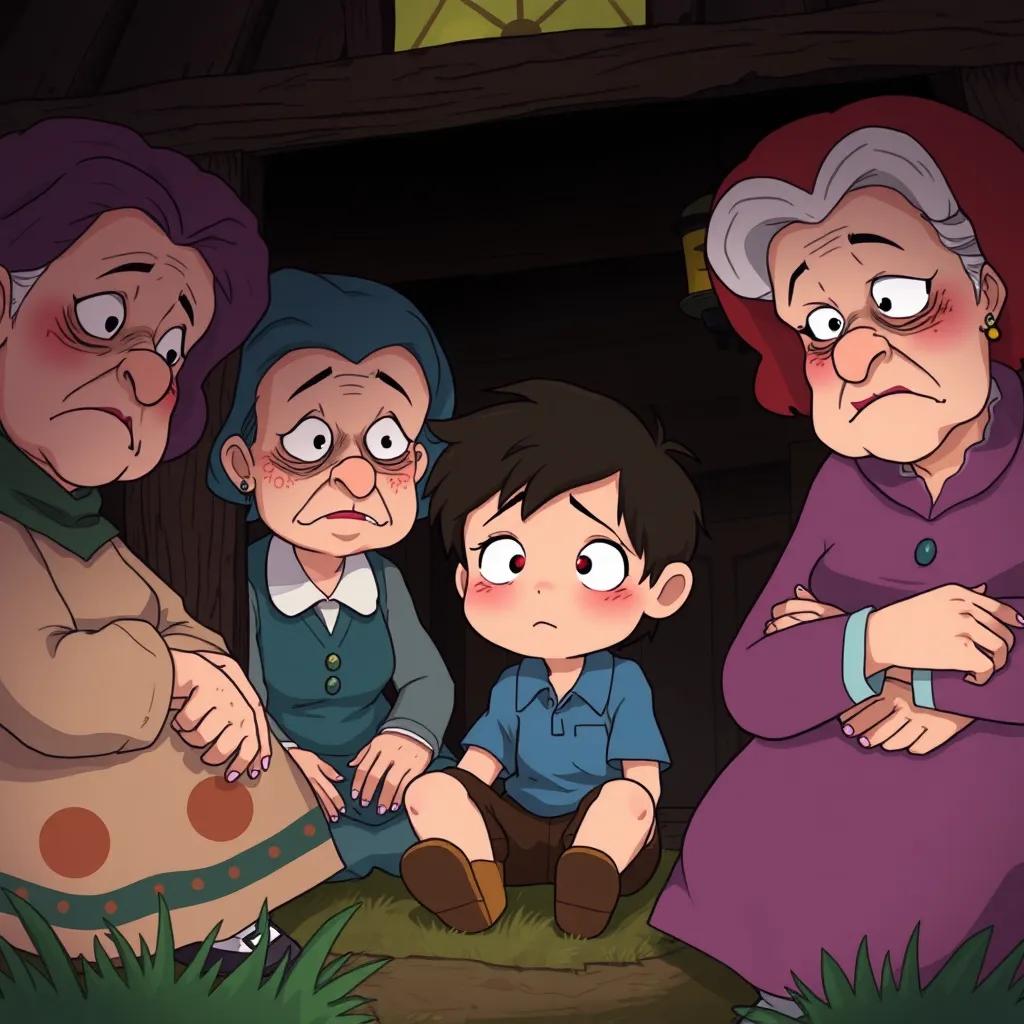 Image of A sad little boy, James, living with two very grumpy aunts in a small, dark house. The house looks old with a gloomy atmosphere, digital art, child-friendly, colorful, sharp focus.