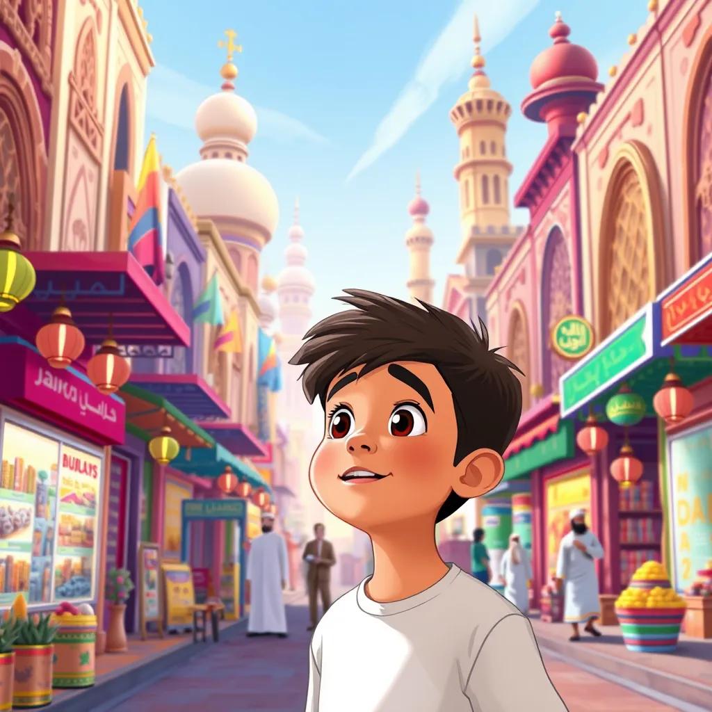 Image of James, a young Arabic American boy, looking amazed at the bustling streets of Saudi Arabia with colorful shops and traditional architecture, illustration, vibrant colors, lively scene, high quality