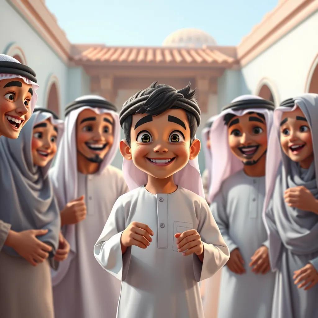 Image of James, a young Arabic American boy, surrounded by his smiling cousins in traditional Saudi clothing, playing games and laughing together in a lively courtyard, digital painting, rich colors, joyful environment, high quality