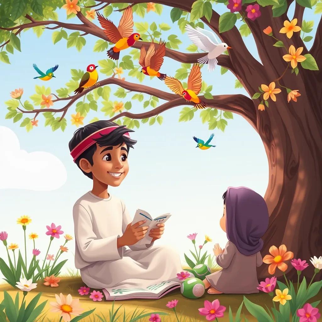 Image of James, a young Arabic American boy, practicing Arabic with his cousins under a tree, using flashcards while colorful birds fly above and bright flowers bloom around them, illustration, warm colors, friendly mood, high quality