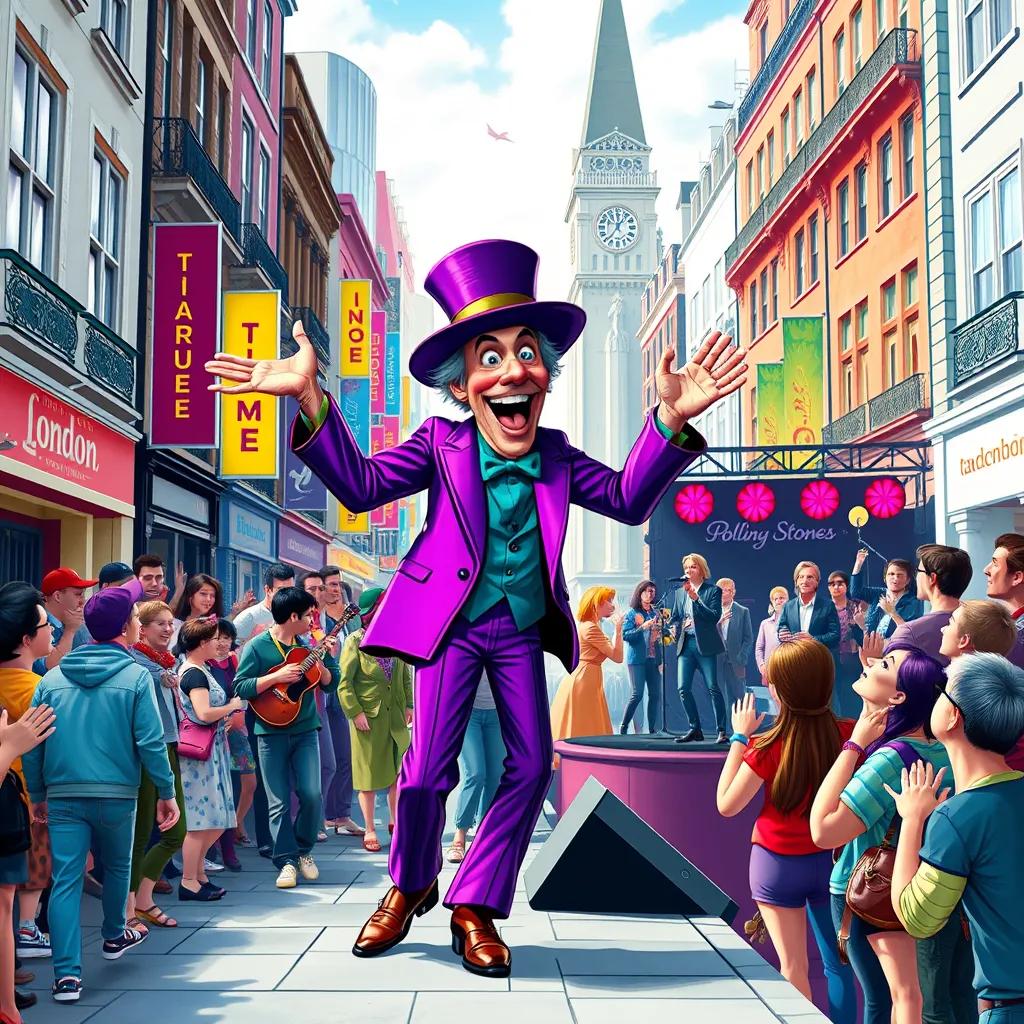 Image of A colorful city street in London, filled with excited fans. Jerome, an eccentric billionaire in a bright purple suit and big hat, dancing joyfully. The Rolling Stones band is playing on a stage, with fans singing along.