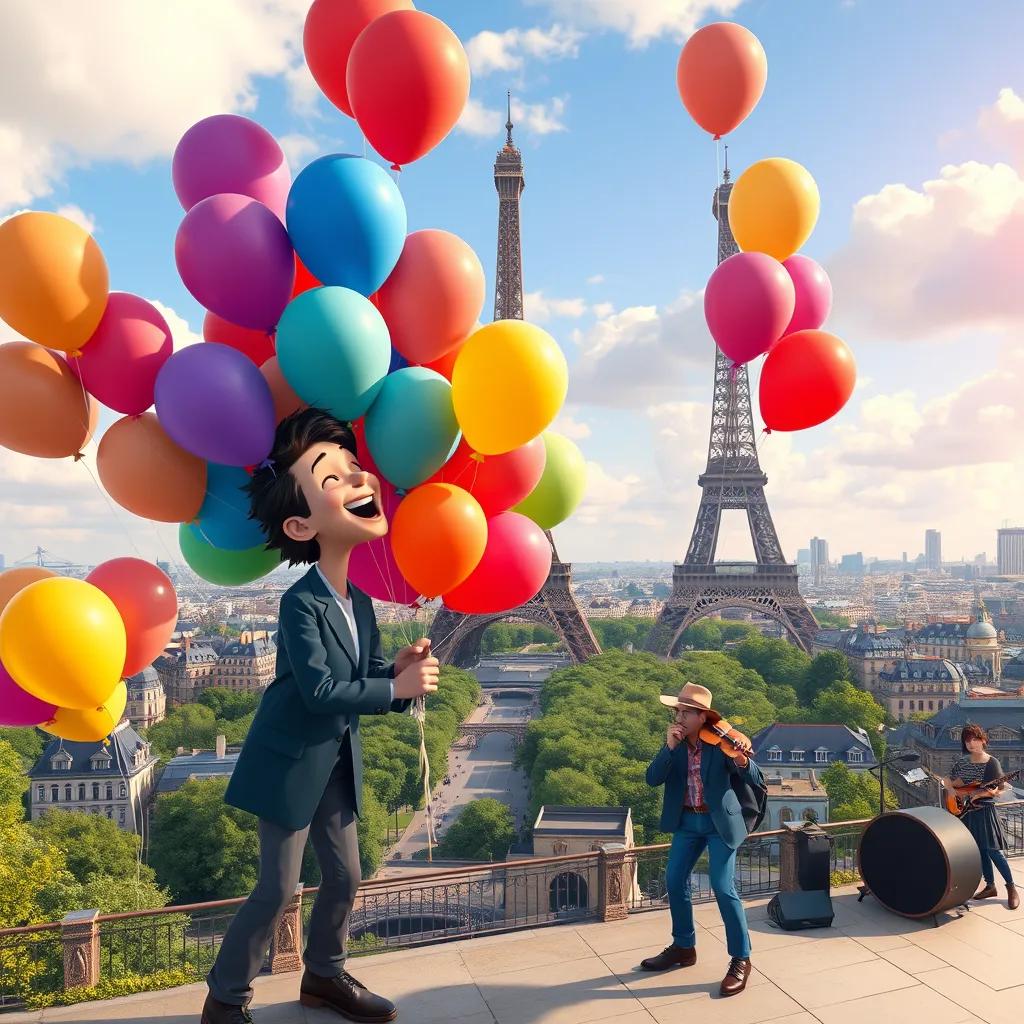 Image of A beautiful view of Paris with the Eiffel Tower in the background. Jerome, holding dozens of colorful balloons, laughing as they float away. The Rolling Stones are performing nearby, creating a cheerful atmosphere.