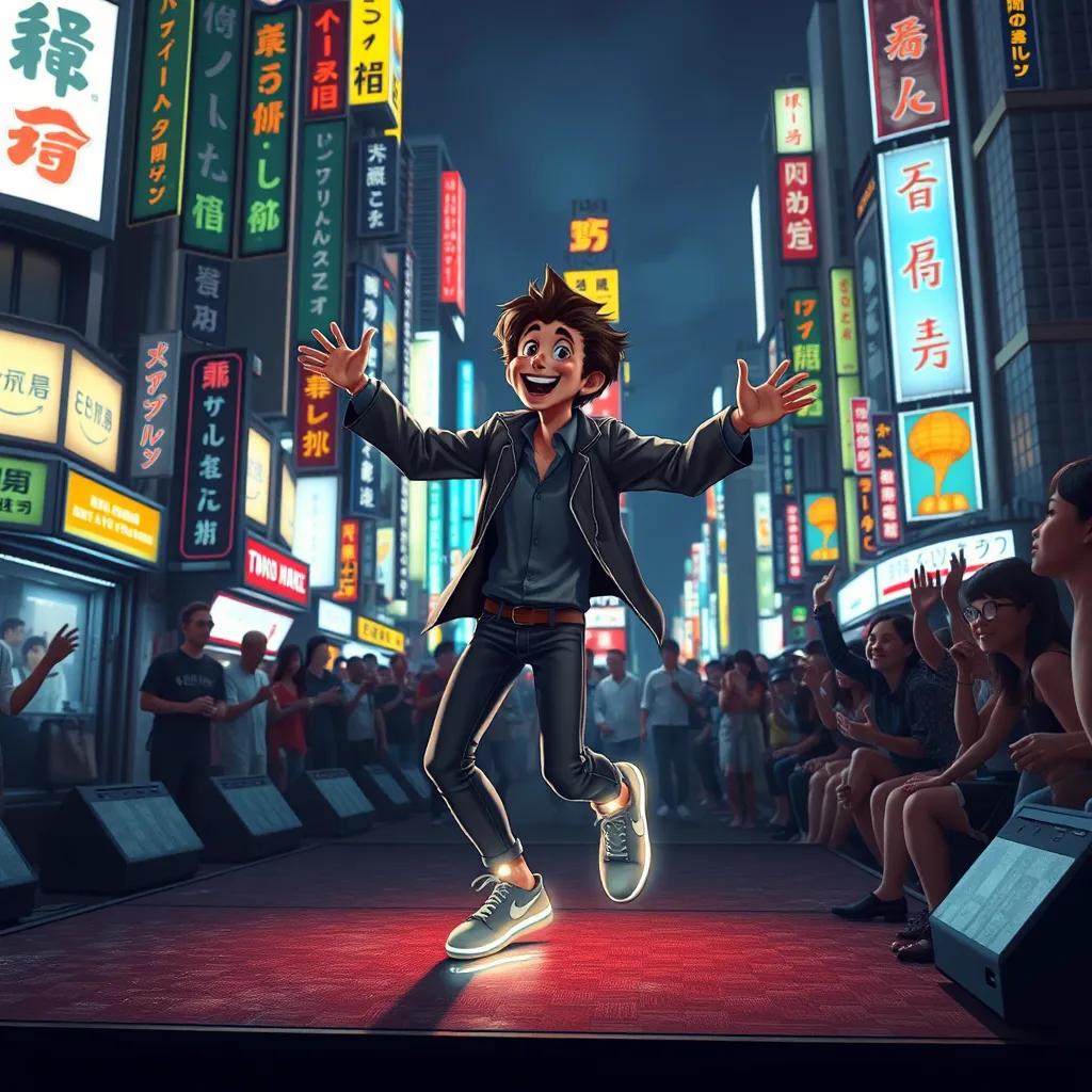 Image of A bustling Tokyo nightlife scene with bright neon lights and tall buildings. Jerome in light-up shoes, joyfully dancing on stage with the Rolling Stones. The audience is cheering with excitement.