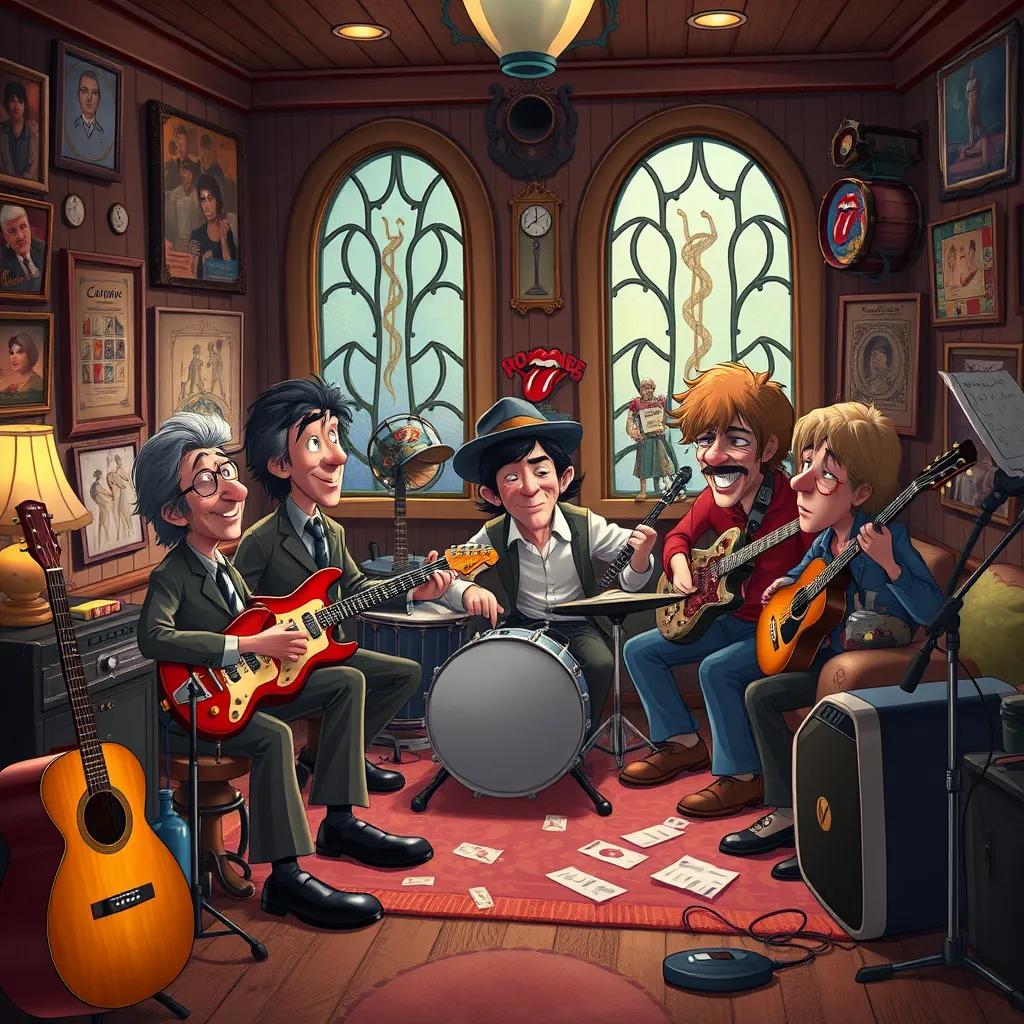 Image of A cozy scene in Jerome's mansion, with souvenirs from their tour displayed on walls. Jerome and the Rolling Stones are gathered, creating music together, surrounded by instruments and notes.