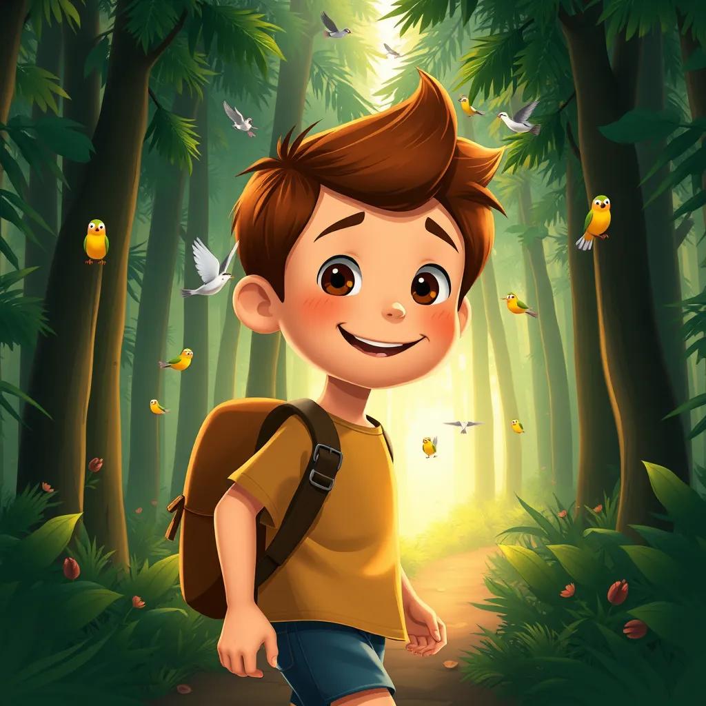 Image of Jimmy, a brave young boy with short brown hair, with a backpack, walking through a deep green forest full of tall trees and singing birds, cheerful atmosphere, illustration, warm light, engaging perspective, high quality