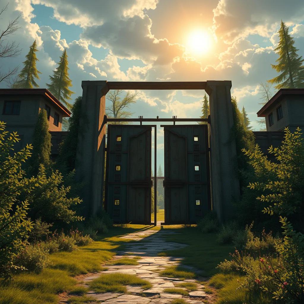 Image of A mysterious old gulag with big rusty gates, surrounded by thick bushes and trees, the sun shining down, creating an enchanting but slightly eerie atmosphere, digital painting, vibrant colors, magical realism, high quality