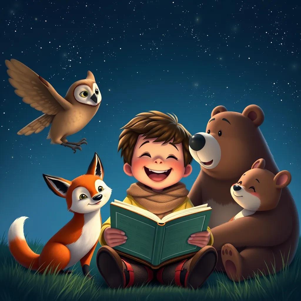 Image of Jimmy, a brave young boy with short brown hair, happily laughing with a wise owl, playful fox, and gentle bear, sharing stories together under the starry sky, nostalgic, uplifting atmosphere, high quality