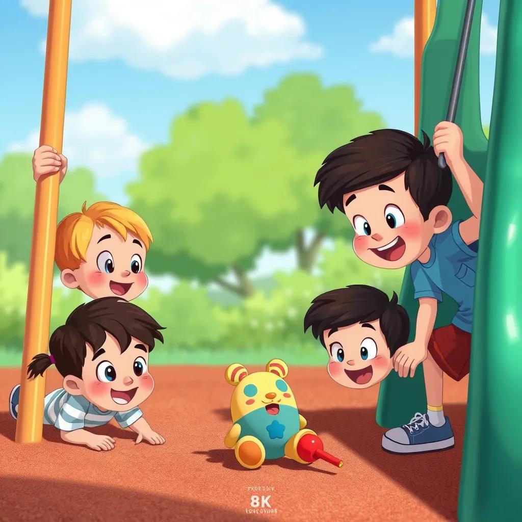 Image of Children searching for a lost toy, looking under swings and behind slides, excited and joyful expressions, cheerful colors, playful vibe, illustration