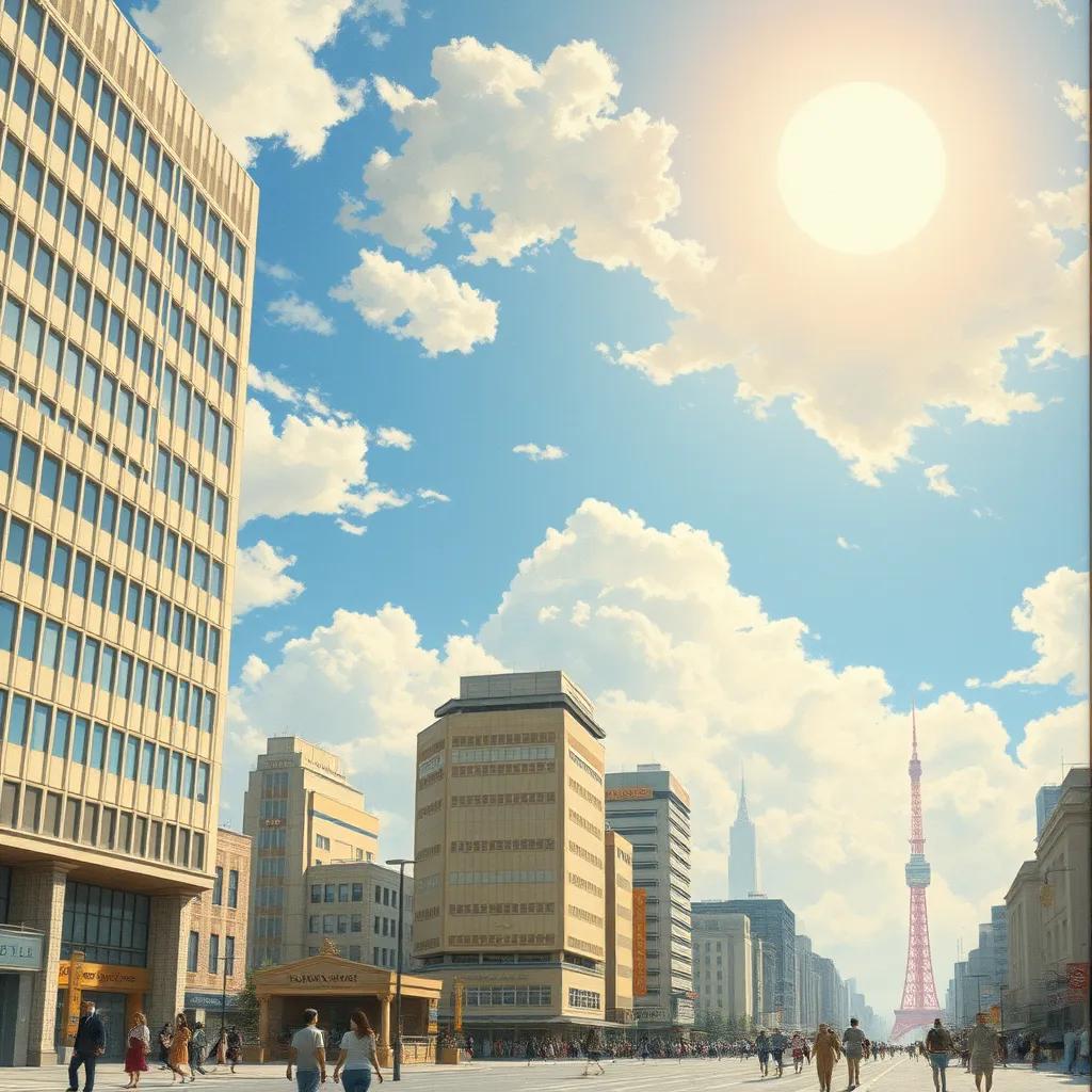 Image of A sunny day in the city of Tokyo with large buildings and happy people, a blue sky with fluffy white clouds