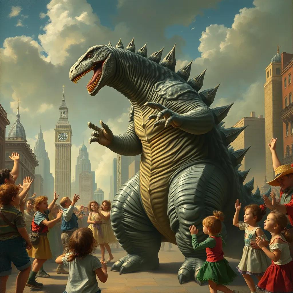 Image of Godzilla dances happily in the middle of the city, children laughing and clapping around him, festive atmosphere