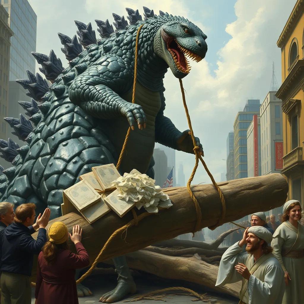 Image of Godzilla helps lift fallen trees and large stones in the city, people smiling and showing gratitude