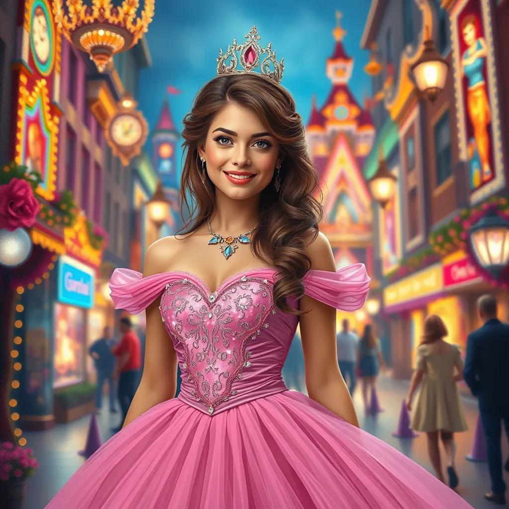 Image of A beautiful princess named Gabriela standing in a colorful city full of lights, wearing a stunning pink dress with sequins, smiling and surrounded by decorations.