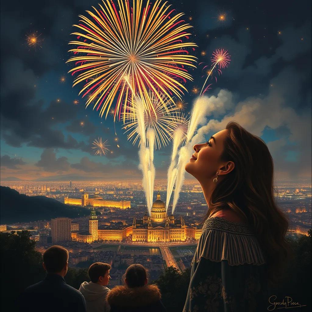 Image of A spectacular fireworks show lighting up the night sky above the city, Gabriela gazing up with happiness, surrounded by glowing lights of the city.