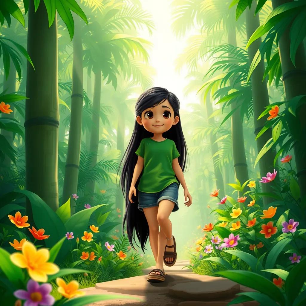 Image of A brave girl, Lila, with long dark hair wearing a green t-shirt and shorts, stepping into a lush jungle filled with tall trees and colorful flowers, sunny atmosphere, vibrant greens, cheerful vibe, digital art, highly detailed, child-friendly