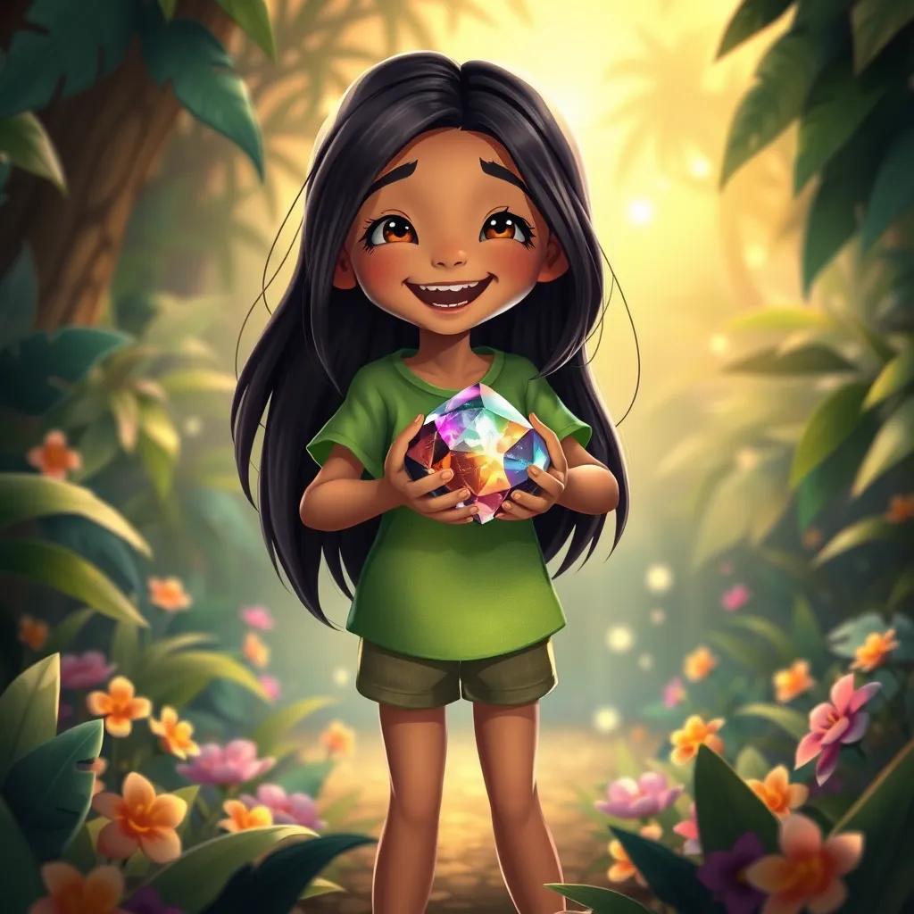 Image of Lila, a brave girl with long dark hair wearing a green t-shirt and shorts, holding a shiny, colorful stone in her hands with a joyful expression, jungle floor around her filled with leaves and flowers, warm light, magical feeling, artistic illustration, child-friendly