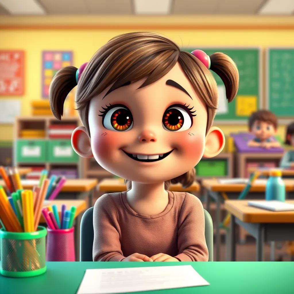 Image of A curious girl, Lily, with bright smile and big sparkling eyes, sitting in a classroom listening to her teacher, Mrs. Green, surrounded by colorful school supplies, digital art, vibrant colors, cheerful atmosphere, high quality