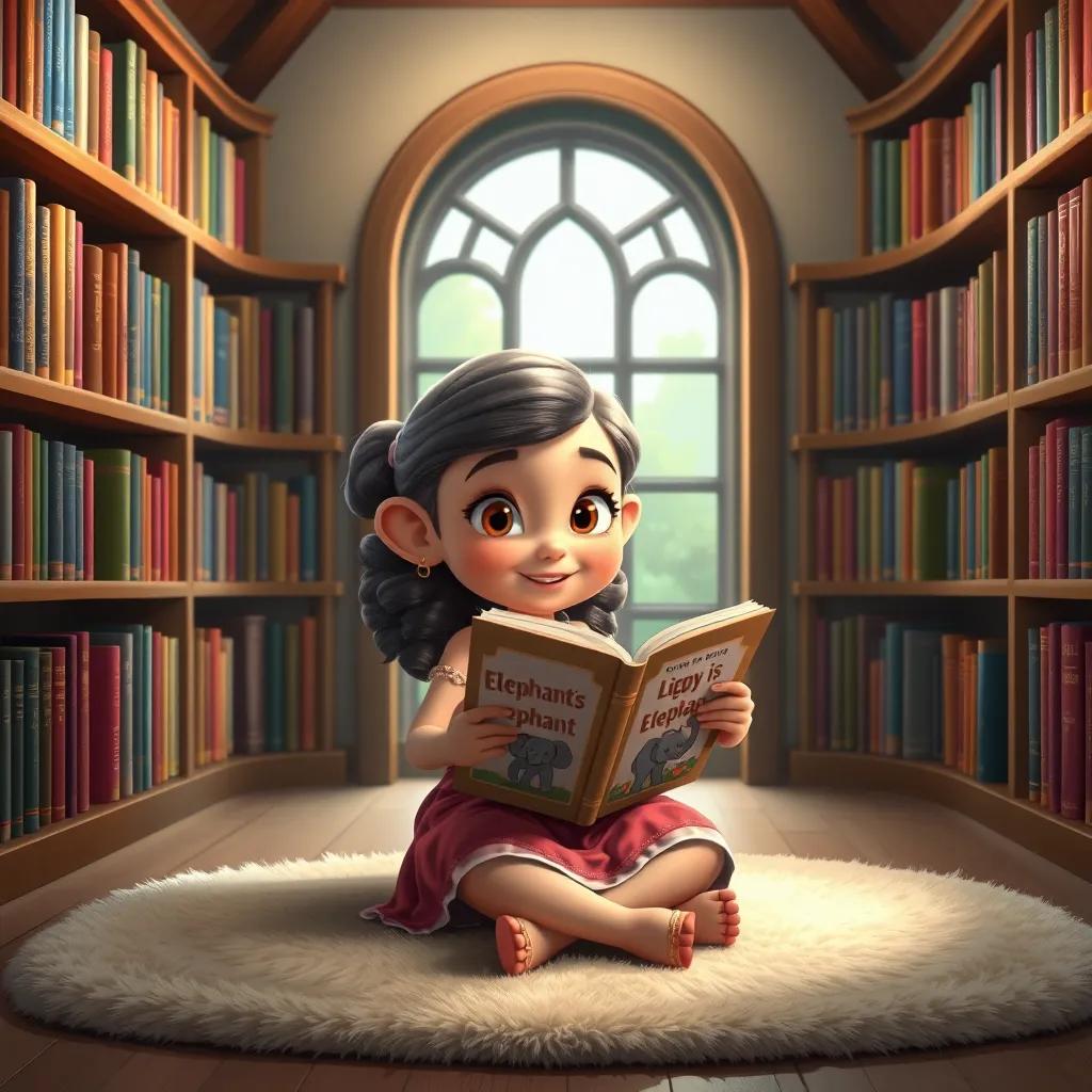 Image of Lily in a cozy library, holding a book about elephants, with bookshelves filled with colorful books, sitting on a soft rug, magical and inviting, digital painting, child-friendly