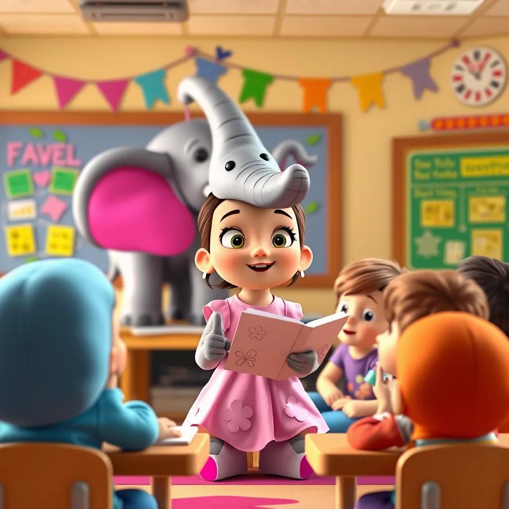 Image of Lily sharing her favorite facts about elephants in front of classmates, all listening attentively, colorful classroom with cheerful decorations, uplifting atmosphere, warm light, high quality