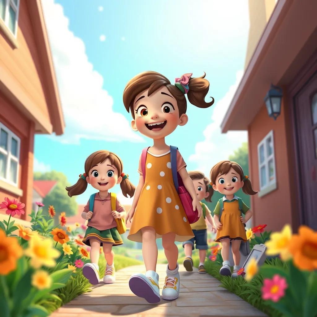 Image of Lily, joyful and confident, leaving school with friends, talking about their favorite stories they learned that day, a bright sunny sky and colorful flowers around, heartwarming scene, vibrant colors