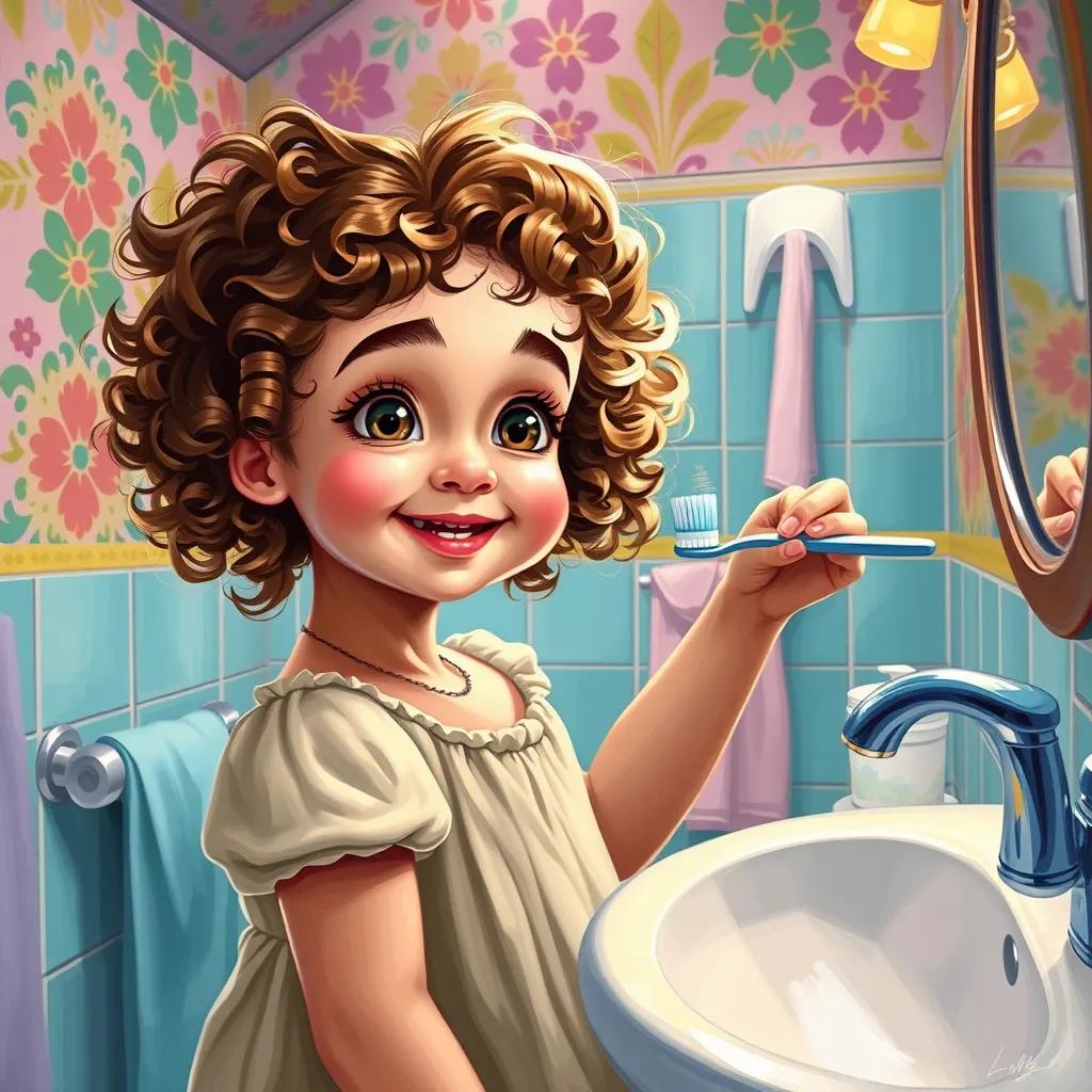 Image of A cheerful little girl, Lily, with curly hair and bright eyes, looking excited in a colorful bathroom, watching her mom brush her teeth, digital art, vibrant, joyful atmosphere, high quality