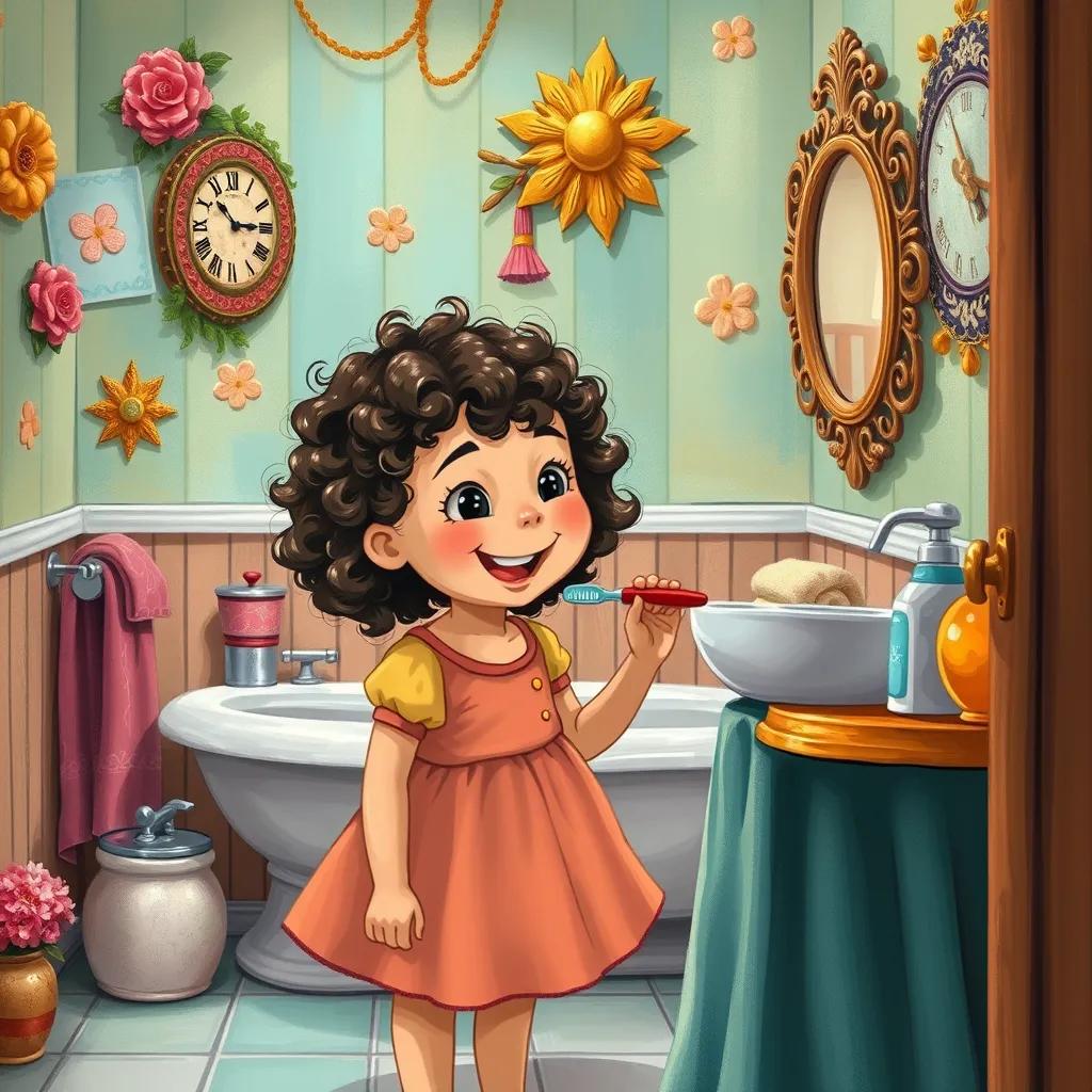 Image of Lily, a cheerful little girl with curly hair, asking her mom to learn brushing her teeth, standing in a colorful bathroom filled with fun decorations, illustration, inviting, warm colors, child-friendly