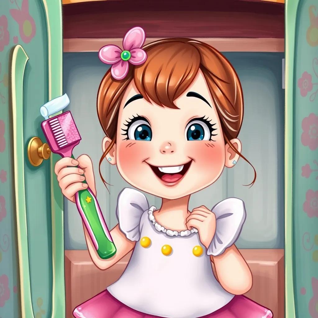 Image of Lily picking out a pink sparkly toothbrush and a green minty toothpaste from a colorful cabinet, with a big smile, illustration, cheerful, bright colors, child-like perspective, high quality