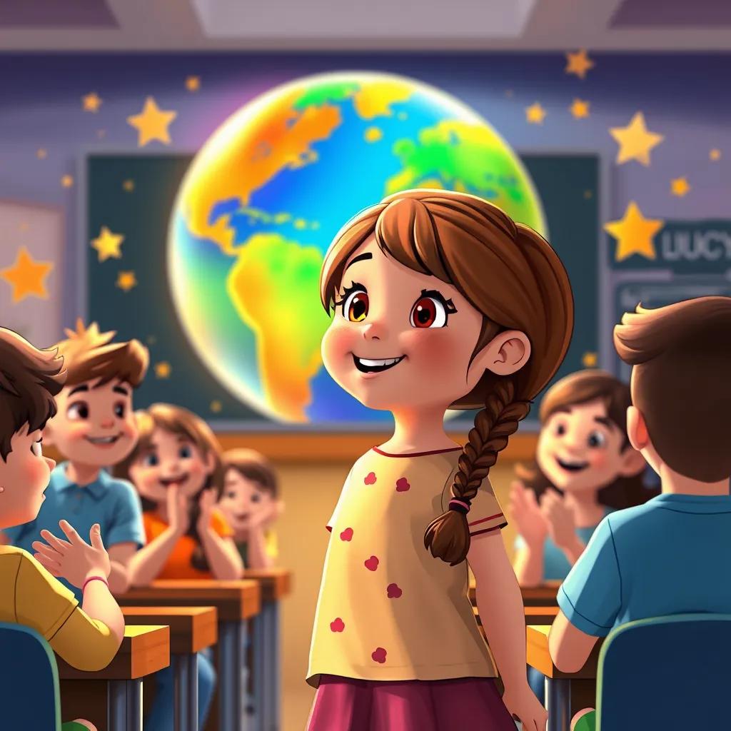 Image of A young girl, Lucy, with brown hair in braids, standing in front of her class presenting her rainbow planet, students smiling and clapping, colorful background with stars, cheerful lighting, joyful scene, illustration style