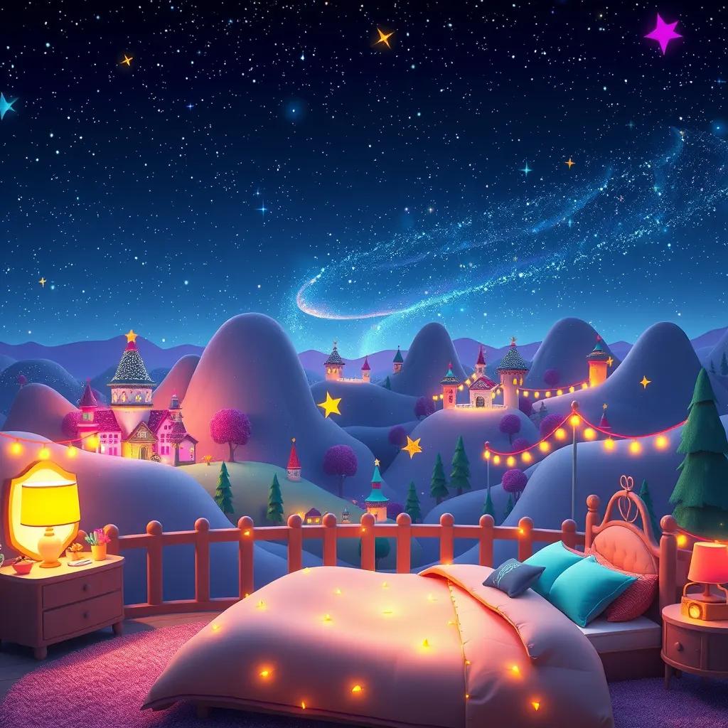 Image of A magical land of Starville at night, with a sky full of sparkling stars, a cozy bedroom with star maps and glowing fairy lights, digital art, bright colors, cheerful atmosphere, enchanting view, high quality