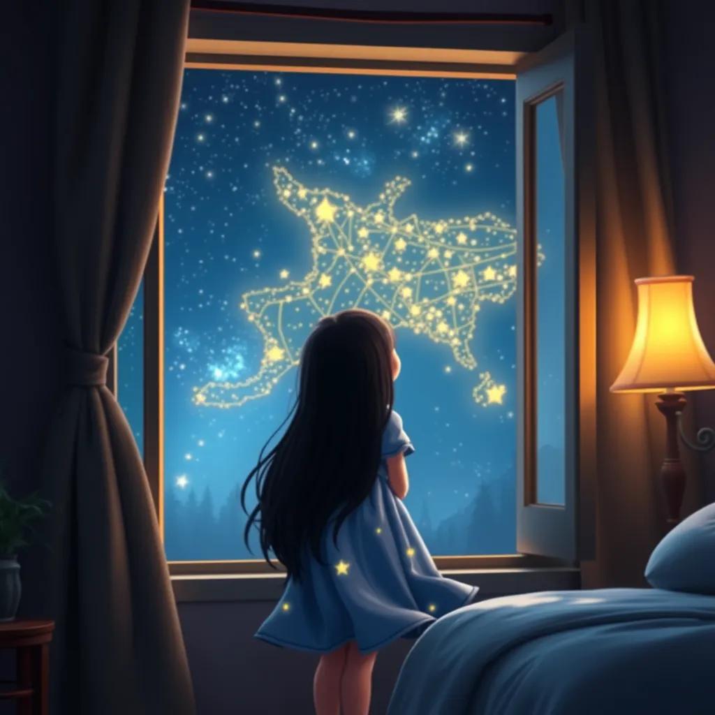 Image of A young girl named Luna, with long black hair and wearing a blue nightgown, looking out of her bedroom window at a glowing star map in the sky, filled with wonder, digital art, warm light, inviting scene, high quality