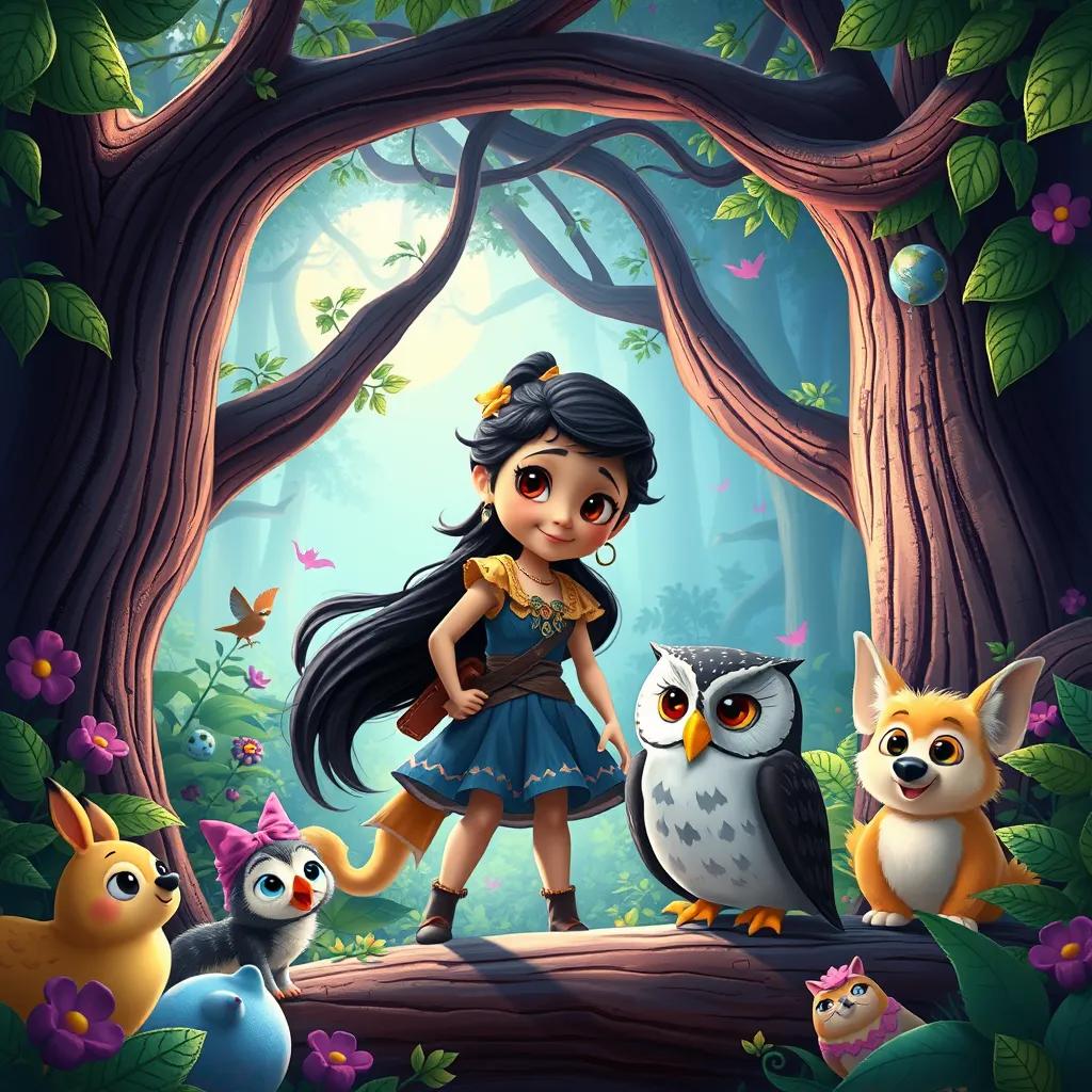 Image of In the Enchanted Forest, Luna with an adventurous look, meeting Oliver the Owl, surrounded by colorful talking animals and whimsical creatures, bright and lively, friendly atmosphere, high quality