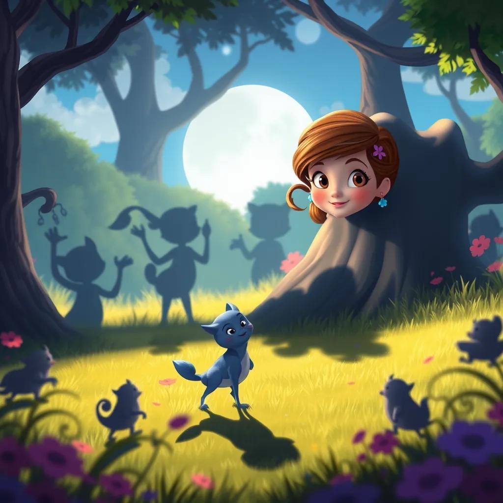 Image of Luna in the Shadowy Glade, surrounded by playful shadows in amusing shapes, smiling and making friends with them while learning about teamwork and kindness, colorful, magical scenery, high quality