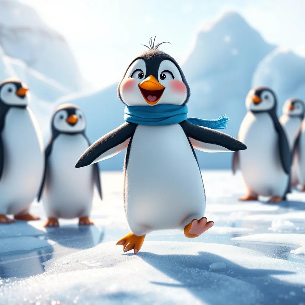 Image of A little penguin named Matilda dancing joyfully on bright, sparkling ice in Antarctica. It's sunny, with other penguins watching her in delight, she looks cheerful wearing a tiny blue scarf around her neck.