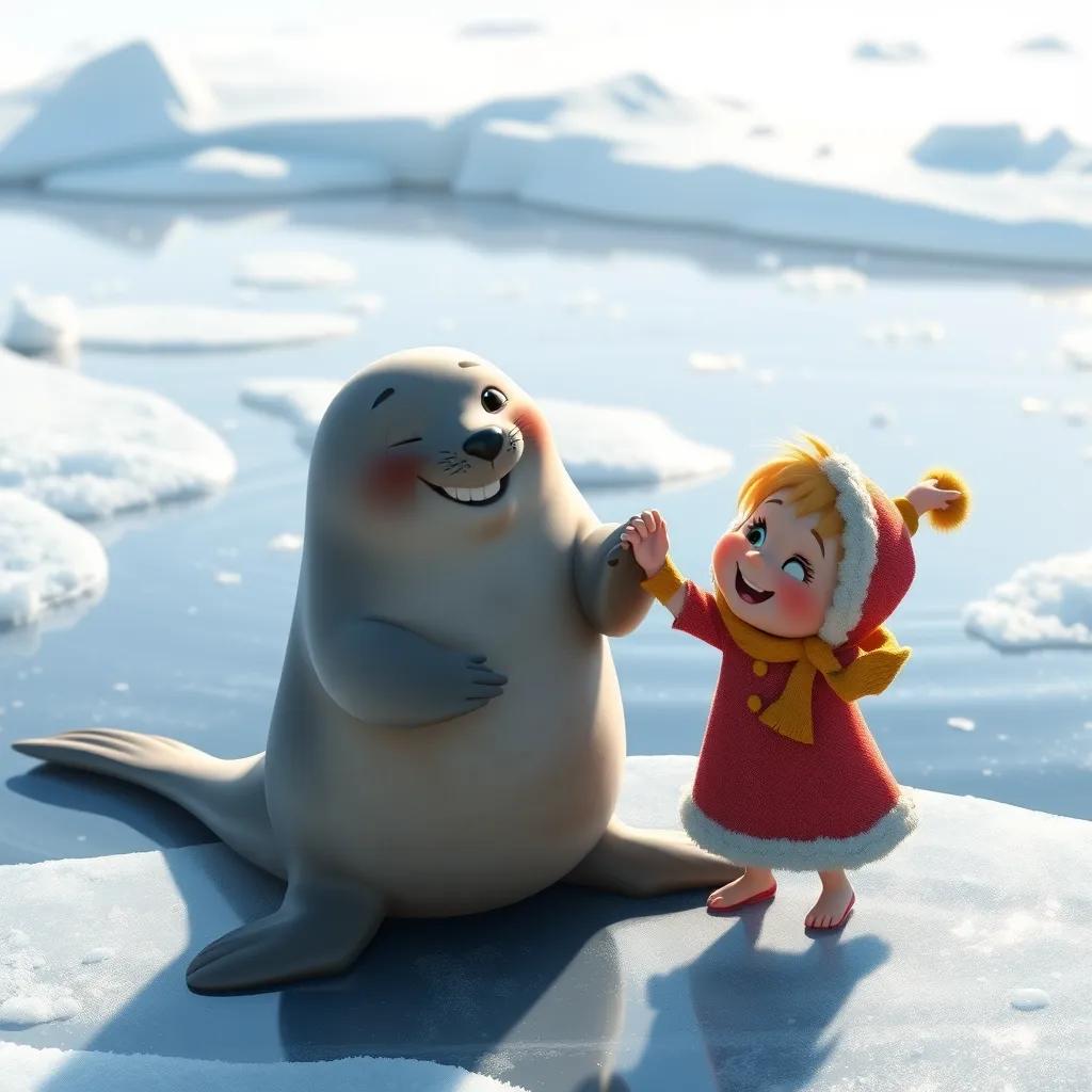 Image of A friendly seal named Sammy teaching Matilda a new dance at the edge of the ice. Sammy is smiling, doing a twist, while Matilda is trying to copy him, giggling. The ice around them sparkles under the sun.