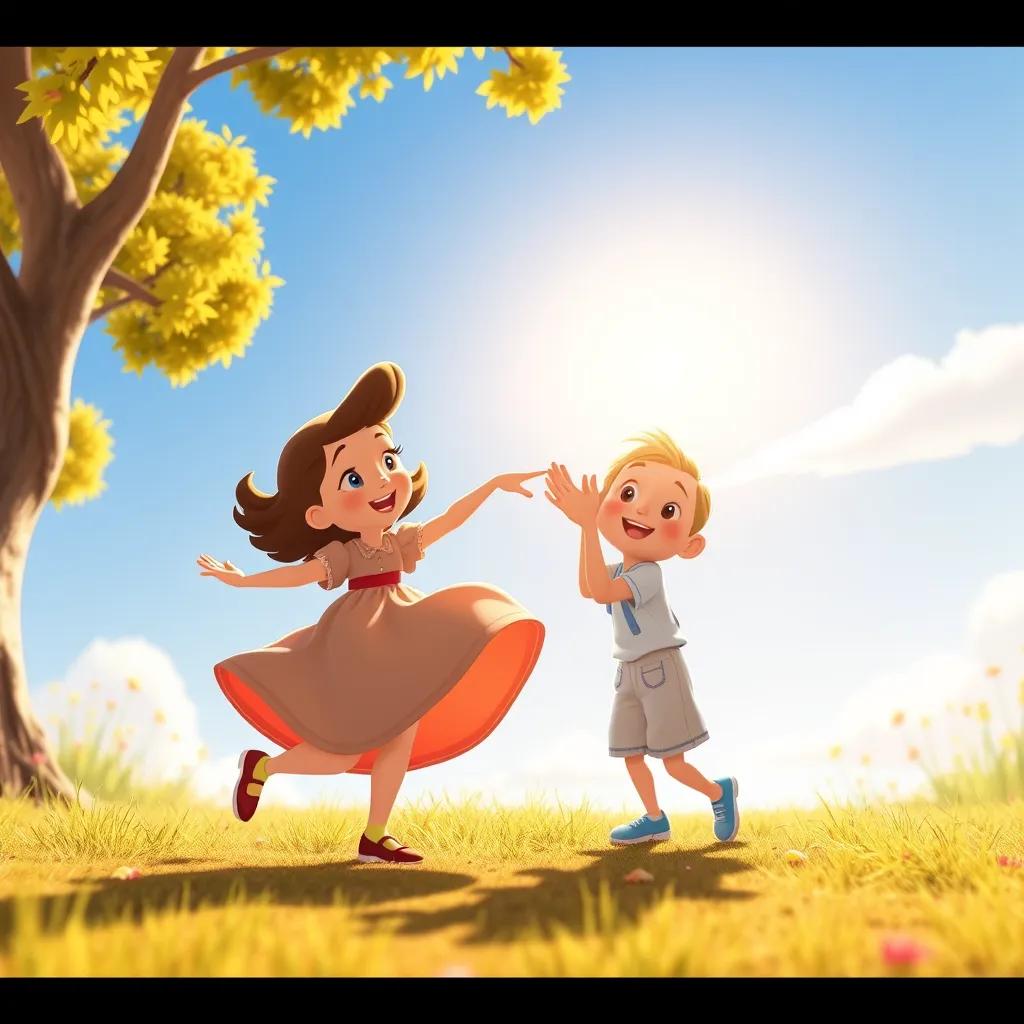 Image of Matilda and Sammy practicing their dance under the warm sun. Matilda is hopping and twirling, while Sammy claps, they're filled with joy. The scene shows the bright sun and a clear blue sky.