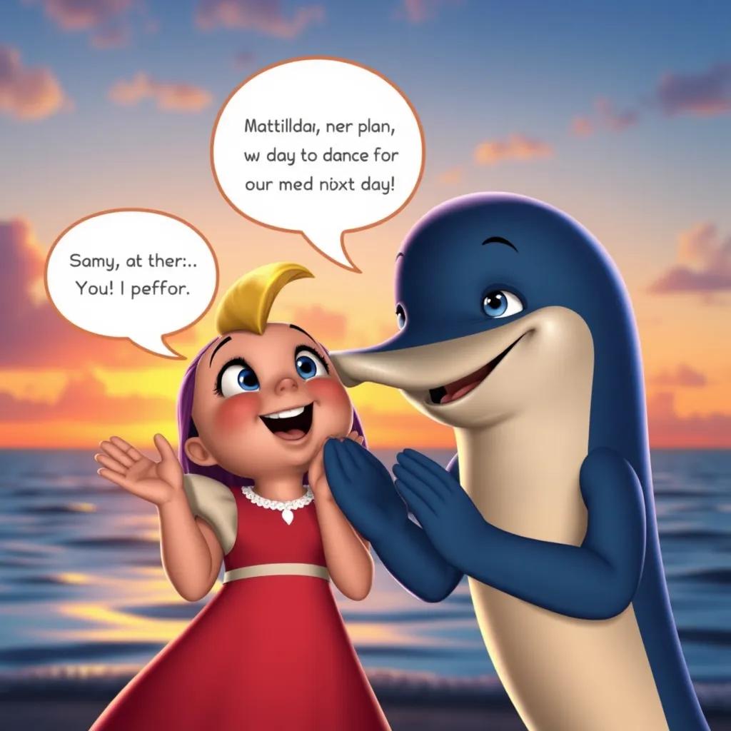 Image of Matilda excitedly telling Sammy about her plan to perform a dance show the next day. Sammy is smiling and clapping his flippers, both their eyes sparkling with excitement. There's a beautiful sunset in the background.