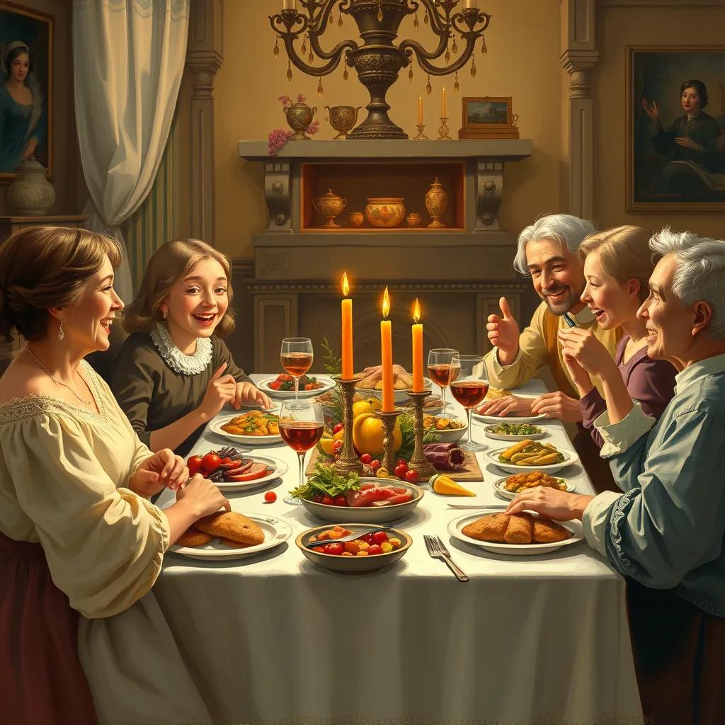 Image of A family gathered around the dinner table, with delicious food, laughter, and chat, warm light, happy expressions, illustration with rich colors