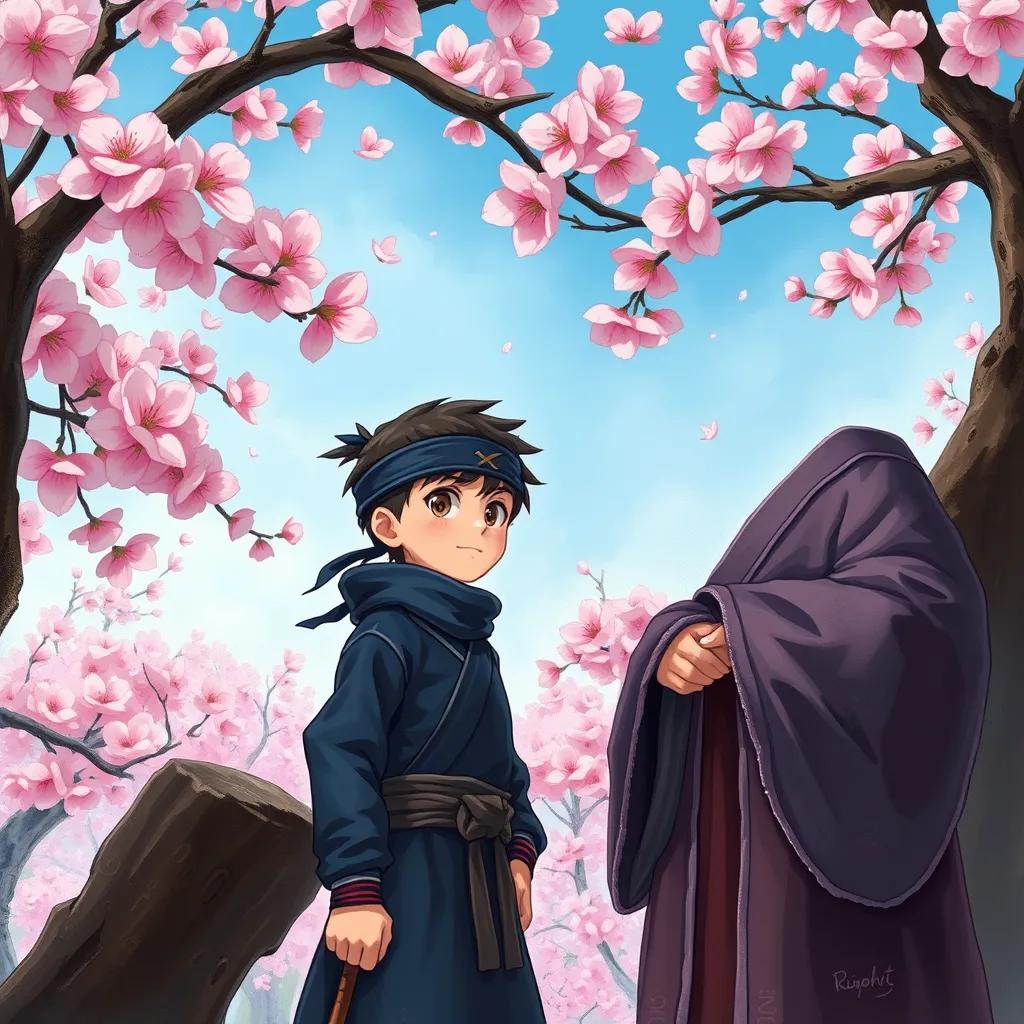 Image of A young ninja named Omaru, dressed in a dark blue ninja outfit, standing under a cherry blossom tree with hopeful eyes, speaking to his wise sensei who is wearing traditional samurai robes and a gentle smile. The background is filled with pink cherry blossoms in full bloom and a clear blue sky.