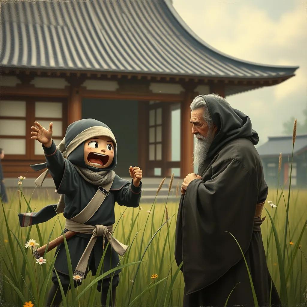 Image of Ninja Omaru excitedly exclaiming, 'I want to be a samurai!' to his wise sensei who is listening thoughtfully, surrounded by tall grass and a few scattered flowers, with a traditional Japanese dojo in the background.