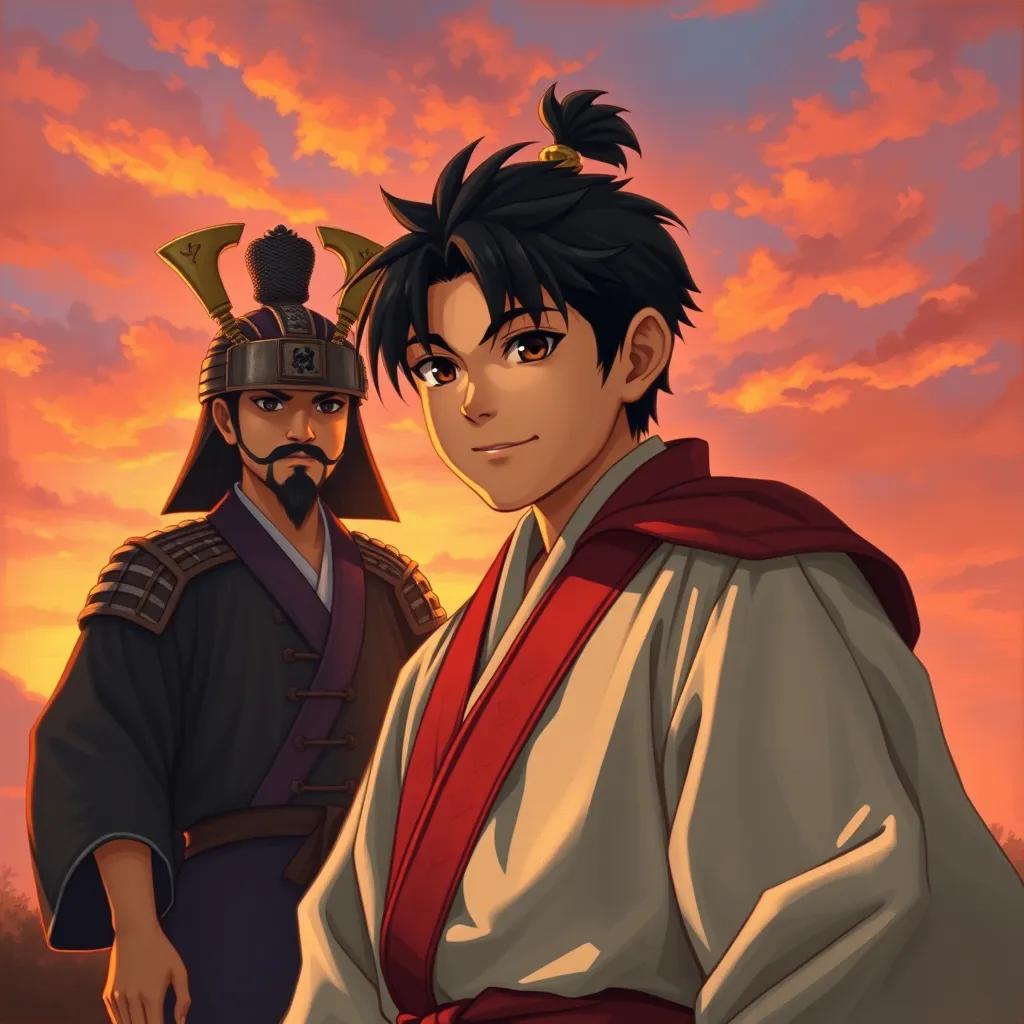 Image of Omaru confidently declaring, 'I am ready to be a samurai!’ in front of his proud sensei, with a sunset backdrop, the sky glowing in orange and pink hues, symbolizing hope and determination.