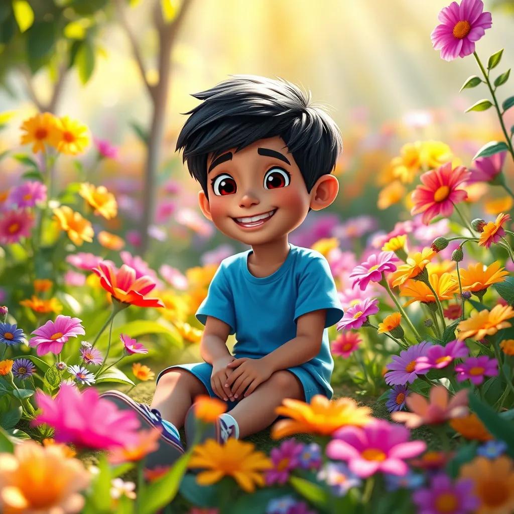 Image of A lively boy, Omar, with short black hair, wearing a bright blue t-shirt and shorts, sitting in a colorful garden filled with flowers, sunlight streaming down, cheerful atmosphere, joyful expression, digital art, vibrant colors, inviting scene, high quality